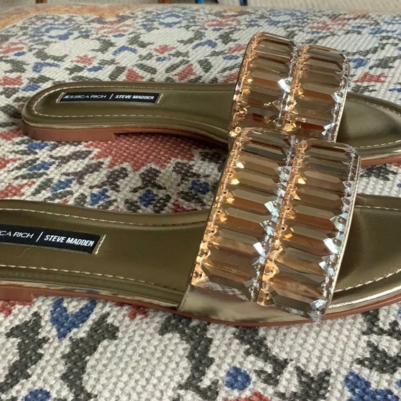 Steve Madden Metallic Gold Slides with Clear Embellished Straps - Picture 6 of 7